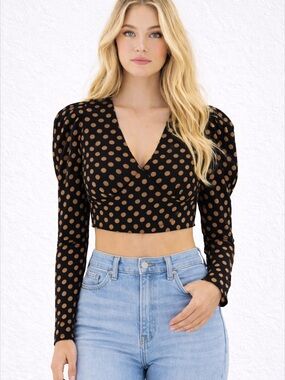 MINKPINK Polka Dot Puff Sleeve Crop Top NWT Black Tan Feminine Blouse